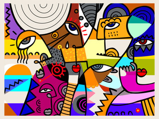 Group of abstract face portrait hand drawn line, doodle vecto