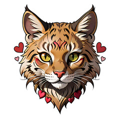 Loving Bobcat Illustration with Hearts. solated, high-quality bobcat illustration surrounded by hearts, perfect for wildlife themes, Valentine's decor, and animal lovers.