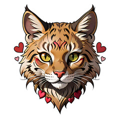 Fototapeta premium Loving Bobcat Illustration with Hearts. solated, high-quality bobcat illustration surrounded by hearts, perfect for wildlife themes, Valentine's decor, and animal lovers.