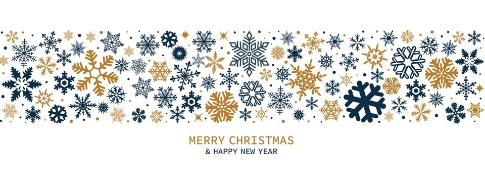 Merry Christmas and Happy New Year festive design with border made of beautiful snowflake in modern line art style. Winter white background with falling snow. Xmas decoration. Vector illustration.