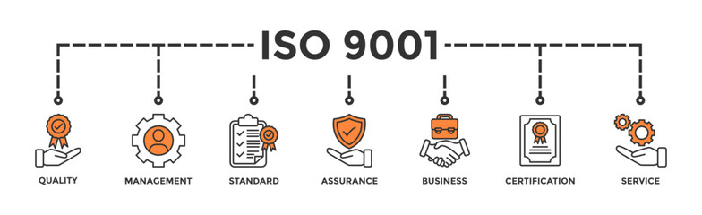 ISO 9001 banner web icon vector illustration concept with icon of quality, management, standard, assurance, business, certification and service