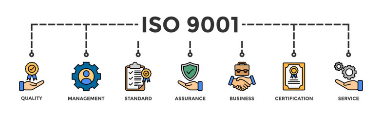 ISO 9001 banner web icon vector illustration concept with icon of quality, management, standard, assurance, business, certification and service
