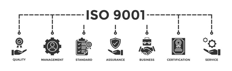 ISO 9001 banner web icon vector illustration concept with icon of quality, management, standard, assurance, business, certification and service - obrazy, fototapety, plakaty