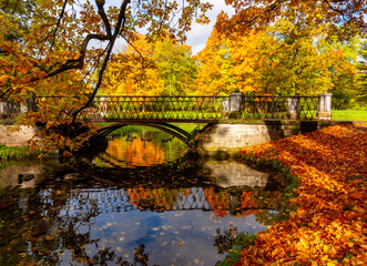 Small bridge in Catherine park in autumn, Pushkin (Tsarskoe Selo), Saint Petersburg, Russia