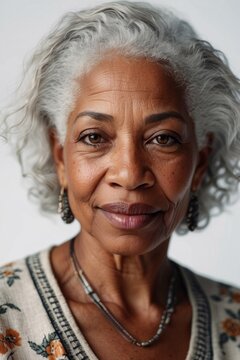A large cropped portert of a beautiful adult senior black African American woman with gray hair looking straight into the camera. Care, cosmetics, smooth skin concepts.
