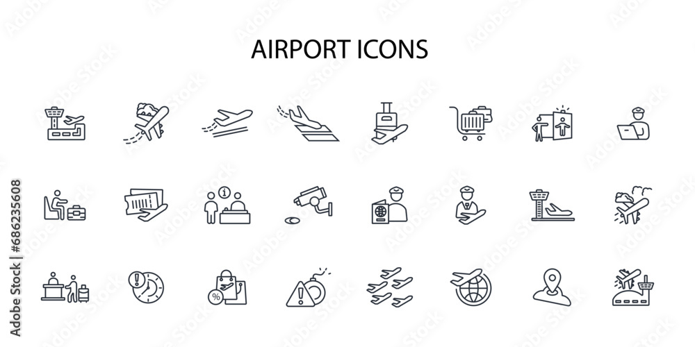 Poster airport icon set.vector.editable stroke.linear style sign for use web design,logo.symbol illustratio