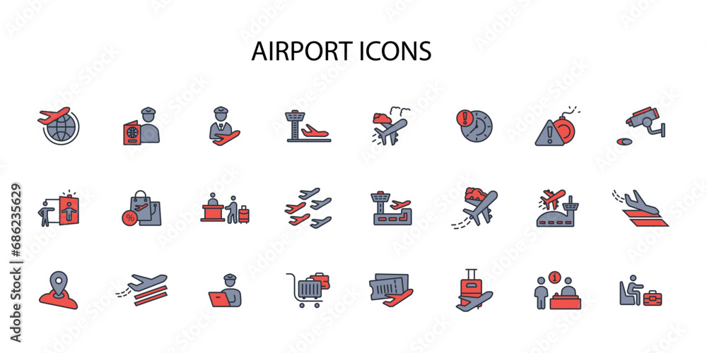 Poster airport icon set.vector.editable stroke.linear style sign for use web design,logo.symbol illustratio