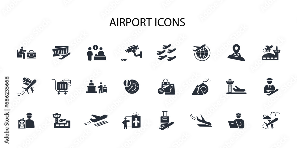Poster airport icon set.vector.editable stroke.linear style sign for use web design,logo.symbol illustratio