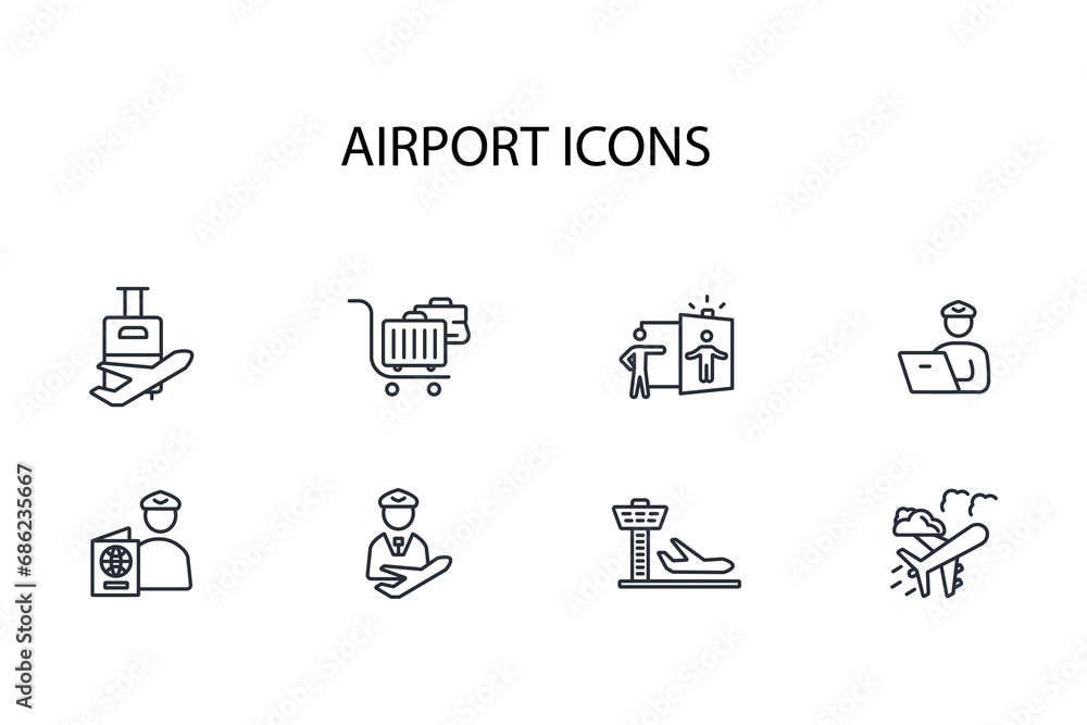 Poster airport icon set.vector.editable stroke.linear style sign for use web design,logo.symbol illustratio