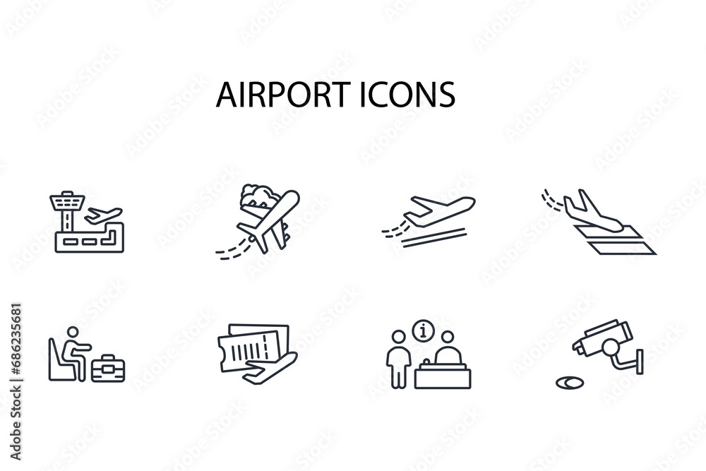 Poster airport icon set.vector.editable stroke.linear style sign for use web design,logo.symbol illustratio