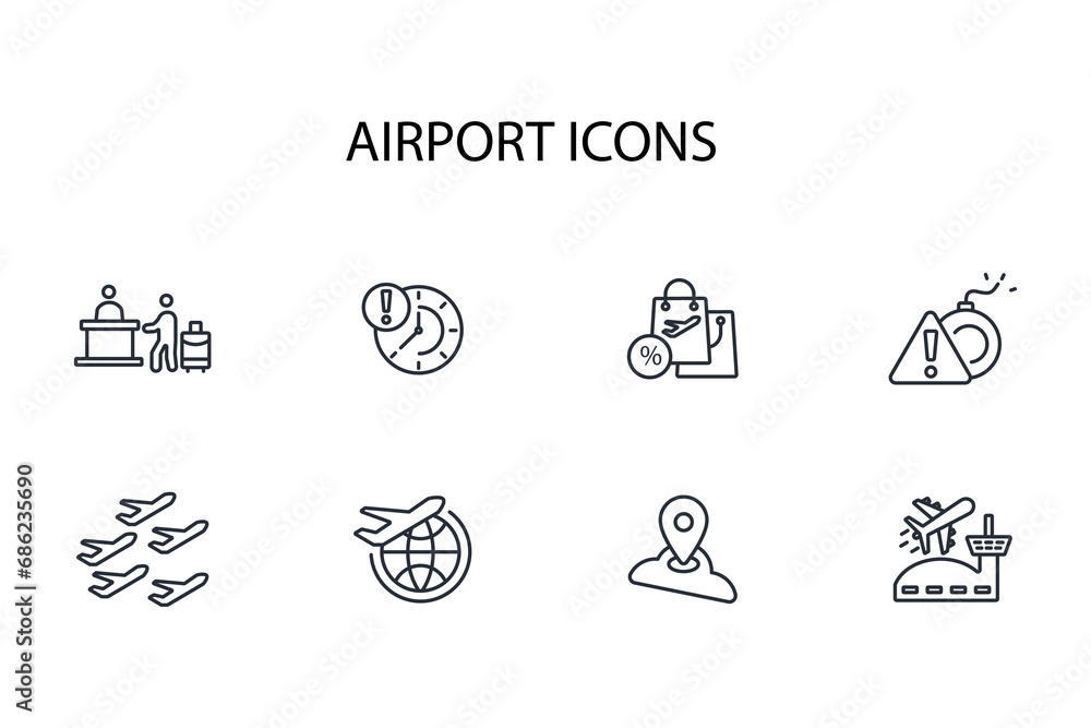 Poster airport icon set.vector.editable stroke.linear style sign for use web design,logo.symbol illustratio