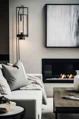 Frame Mockup | Livingroom | Framed artwork | Interior Design Photography | Cozy Fireplace | Black and white modern décor |