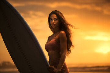 Fototapeta na wymiar Wellenreitende Eleganz - Schöne Frau am Strand mit Surfbrett genießt den Sommerurlaub
