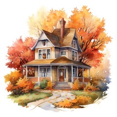 Inviting Autumn Cottage Surrounded by Leaves Watercolor Clipart