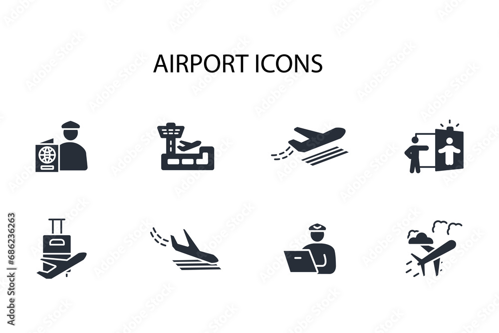 Poster airport icon set.vector.editable stroke.linear style sign for use web design,logo.symbol illustratio