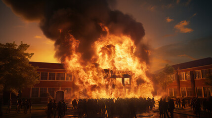 Fototapeta na wymiar School on fire. Concept of destruction, flames, fire, learning, education. 