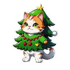 cat wearing christmas tree costume, isolated on transparent background clipart, drawing on white background, ready design for t-shirt or creative use