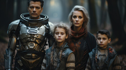 Futuristic-themed family cosplay, parents and kids dressed as their favorite sci-fi characters. Concept of Intergalactic Togetherness, Family Fun, and Imaginative Adventures. - obrazy, fototapety, plakaty