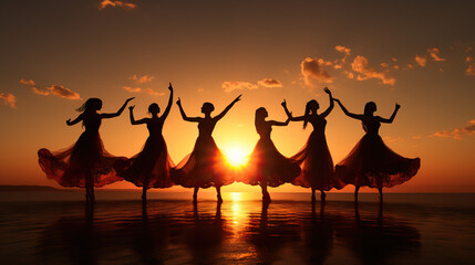 Silhouette photo of dancers striking dynamic poses against a sunset or sunrise backdrop. Concept of...