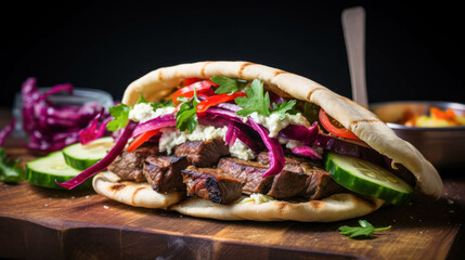 Delicious Berliner Kebab With Special Bread, Featuring Quality Grilled Lamb Slices, Served in a Soft Pita Bread, Quality Turkish Kebab with Vegetables. Original Kebab For Restaurant Fast Food  - obrazy, fototapety, plakaty