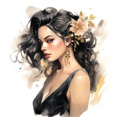 Dark Hair Glam Girl with Exquisite Details Watercolor Clipart