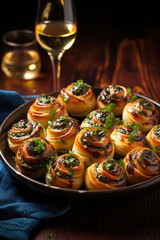 Escargots de Bourgogne on wooden table. French appetizer tradition. - 686237088