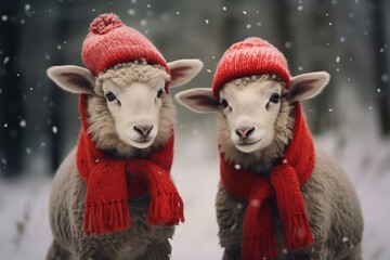 Two sheep wearing in warm red knitted scarf and hat in the snow. Dressed sheep on blurred snowy...