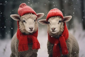 Poster Two sheep wearing in warm red knitted scarf and hat in the snow. Dressed sheep on blurred snowy winter background. Wildlife scene from the wild nature. Christmas banner, card, poster with copy space © ratatosk