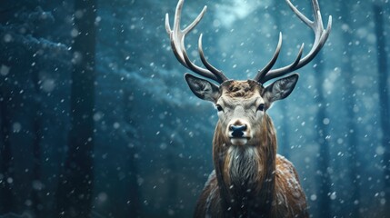 Fallow deer in winter forest. Noble deer male. Banner with beautiful animal in the nature habitat. Wildlife scene from the wild nature landscape. Wallpaper, Christmas background