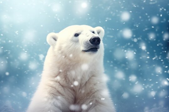 Large polar bear on ice. White bear on blurred snowy background with copy space. Wildlife nature. Melting iceberg and global warming. Climate change concept	