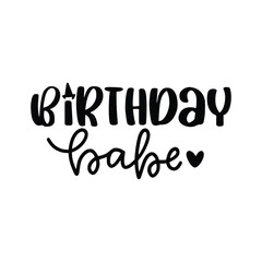 Fototapeta premium Happy Birthday party lettering design. Set of calligraphy quote isolated on white background. Hand drawn birthday cake with candles, balloons. Vector illustration