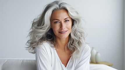 Portrait of beautiful woman with long wavy hair at home.