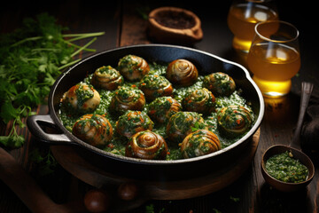 Escargots de Bourgogne on wooden table. French appetizer tradition. - 686237495