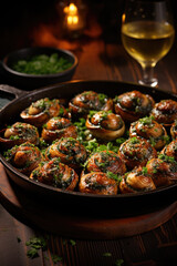 Escargots de Bourgogne on wooden table. French appetizer tradition. - 686237619