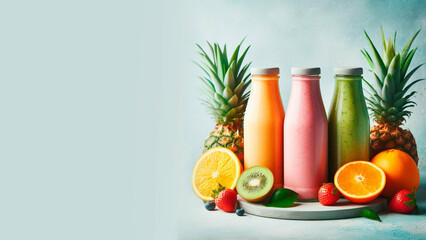 three bottles of smoothies stand next to fresh tropical fruits on a light blue background, detox