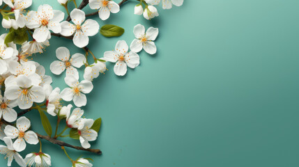 Beautiful spring flowers with a twig and leaves on a delicate green background and space for copy text. Spring background.