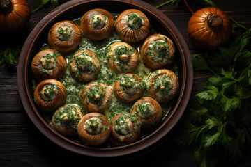 Escargots de Bourgogne on wooden table. French appetizer tradition. - 686237865