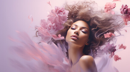 An abstract artistic portrait of a woman with pink flowers over her head against a colorful background