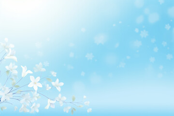 Fototapeta na wymiar White flowers on light blue background. Space for text