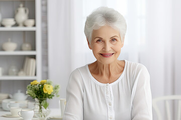 retrato de señora mayor con pelo corto blanco, sentada en un salon decorado con plantas amarillas, muebles y cortinas blancas