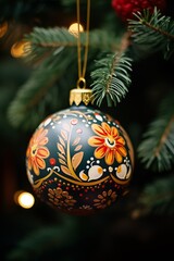Closeup of a Christmas bauble with hand painted hygge pattern on it, Christmas colors. New Year's concept.