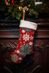 Christmas stocking hanging on the wall, with Christmas pattern. Christmas and New Year's concept.