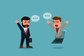 A happy businessman is contacting his business friends via laptop or online contact. Businessmen connecting online and working on the same project. Online meeting. New normal lifestyle.