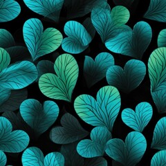 hearty leaves in turquoise squares on a black seamless pattern background