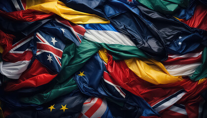 Flags of countries in a mixed pile , safe nature day concept - obrazy, fototapety, plakaty