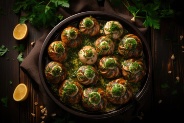 Escargots de Bourgogne on wooden table. French appetizer tradition. - 686238297
