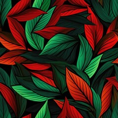 an abstract pattern with red, green, and black leaves seamless pattern background