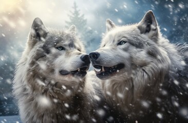 Two beautiful wild arctic wolves in wolf pack in cold snowy winter forest. Couple of gray wolves. Banner with wild animals in nature habitat. Wildlife scene