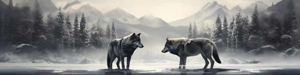 Two beautiful wild arctic wolves in wolf pack in cold snowy winter forest. Couple of gray wolves. Banner with wild animals in nature habitat. Wildlife scene - obrazy, fototapety, plakaty