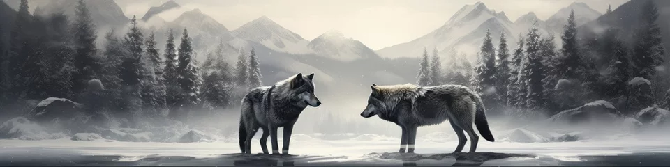  Two beautiful wild arctic wolves in wolf pack in cold snowy winter forest. Couple of gray wolves. Banner with wild animals in nature habitat. Wildlife scene © ratatosk
